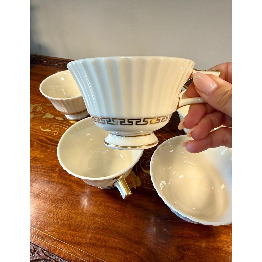 Vintage Lenox Cretan Tea Cups Set of 6 • Ivory Bone China w/ Gold Greek Key Trim